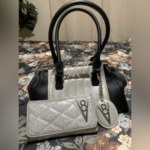 Lux De Ville V8 Kiss Lock handbag purse and wallet black matte/silver sparkle ✨